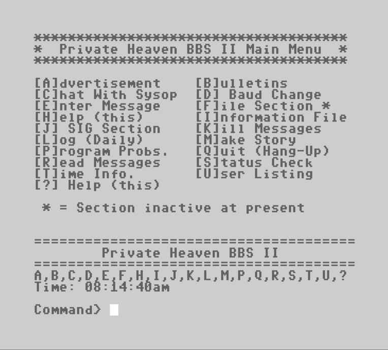 Private Heaven BBS II main menu